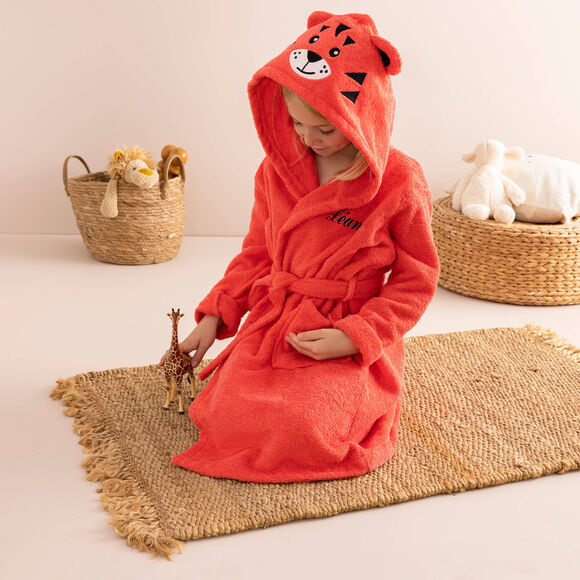 Gepersonaliseerde badjas met capuchon voor kinderen met tijgerprint - badstof 340 g/m&sup2; (koraal)