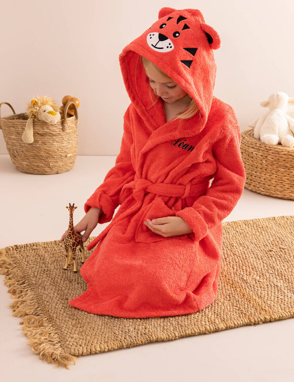 Gepersonaliseerde badjas met capuchon voor kinderen met tijgerprint - badstof 340 g/m&sup2; (koraal)
