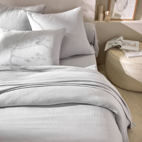 Effen bedlinnen in driedubbel katoengaas (parelgrijs)
