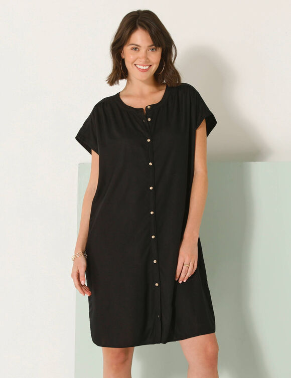 Robe courte boutonnée unie, fluide (noir)
