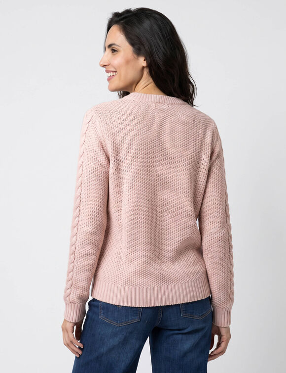 Pull col rond, maille torsad&eacute;e (rose poudr&eacute;)