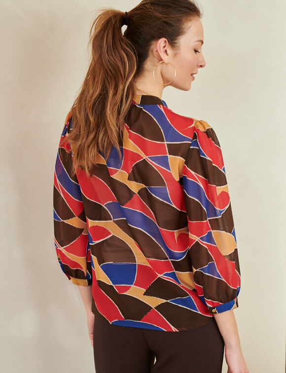 Chemisier boutonn&eacute;, voile imprim&eacute; graphique (chocolat / bleu)