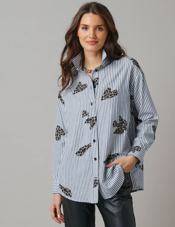 Chemise longue oversize en coton, rayures et imprim&eacute; (bleu / blanc)