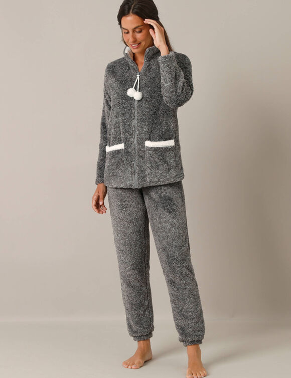 Pyjama pantalon polaire, avec veste zippée à pompons (gris / écru)