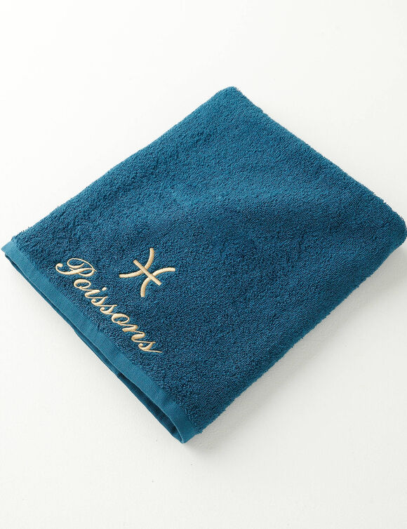 Serviettes de bain brodées Poisson - 420g/m2 (bleu paon)