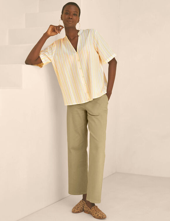 Chemisier ray&eacute; col tunisien, manches courtes (&eacute;cru / p&ecirc;che)