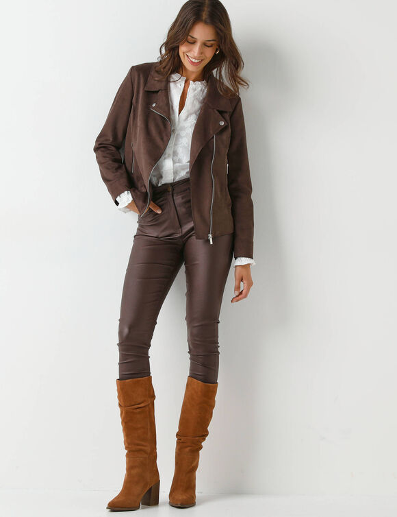 Blouson zippé col tailleur pressionné, suédine (chocolat)