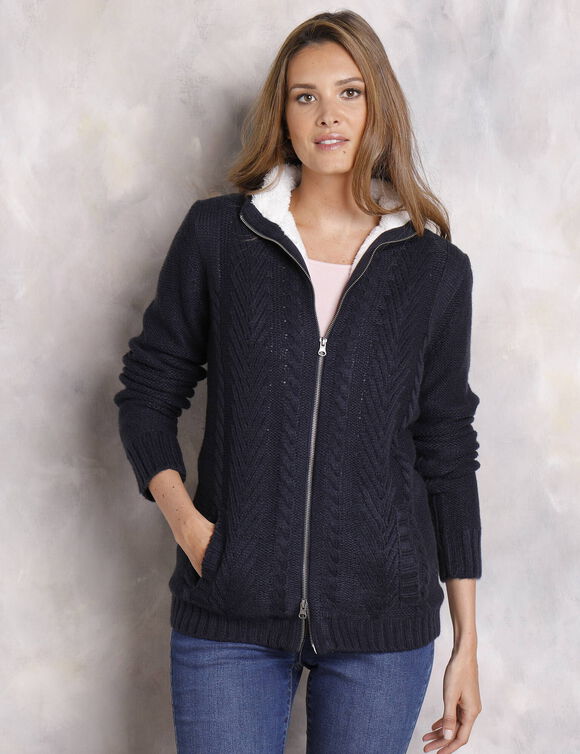 Gilet zipp&eacute; torsad&eacute;, doubl&eacute; maille peluche (marine)