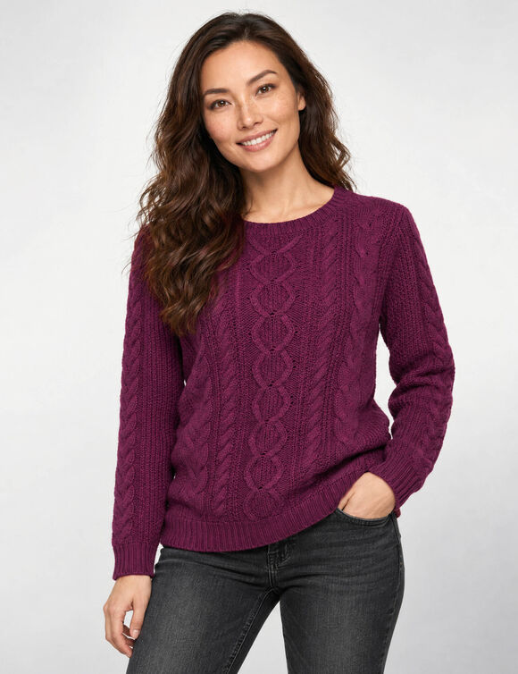 Trui in kabeltricot, ronde hals (pruim)