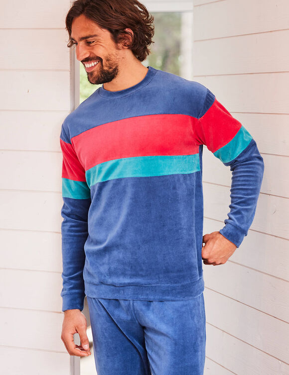 Driekleurige pyjama in velours, lange mouwen (marine)