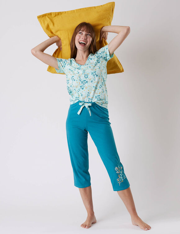 Tee-shirt pyjama manches courtes imprimé floral (aqua)