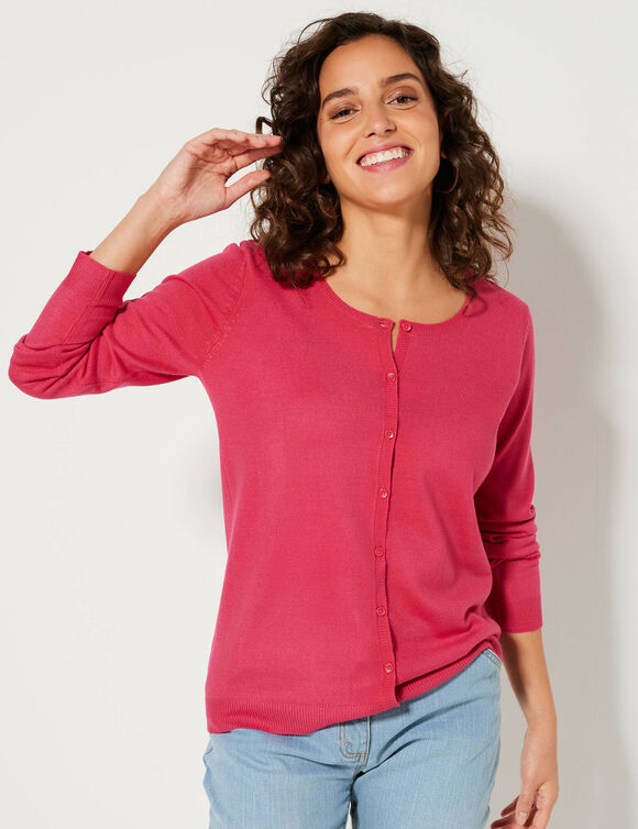 Cardigan boutonné col rond uni, toucher doux (rose fuchsia)