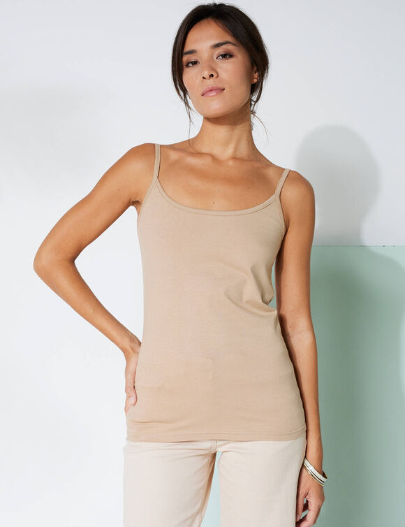 Débardeur fines bretelles uni, coton bio** (taupe clair)