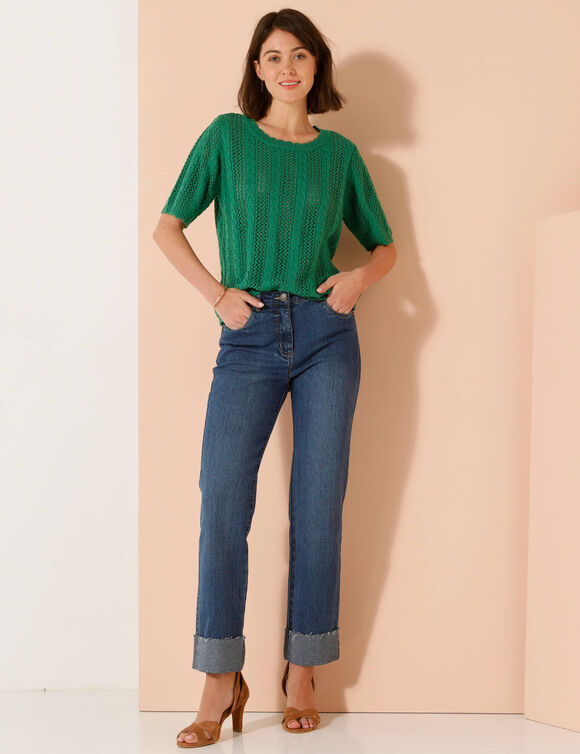 Pull festonné col rond manches coudes, maille ajourée fantaisie (vert)
