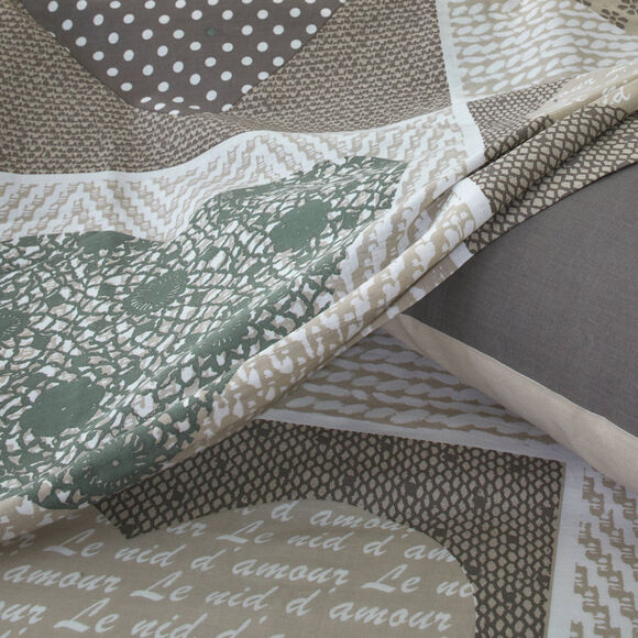 Linge de lit Lovely en coton imprim&eacute; coeurs (beige / vert)