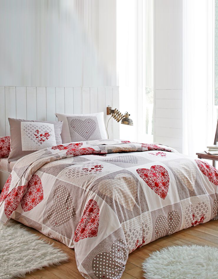 Bedlinnen Lovely in flanel met hartjesprint (taupe / rood)