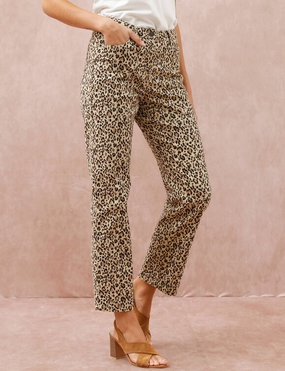 Pantalon coupe droite imprim&eacute; l&eacute;opard (beige / chocolat)