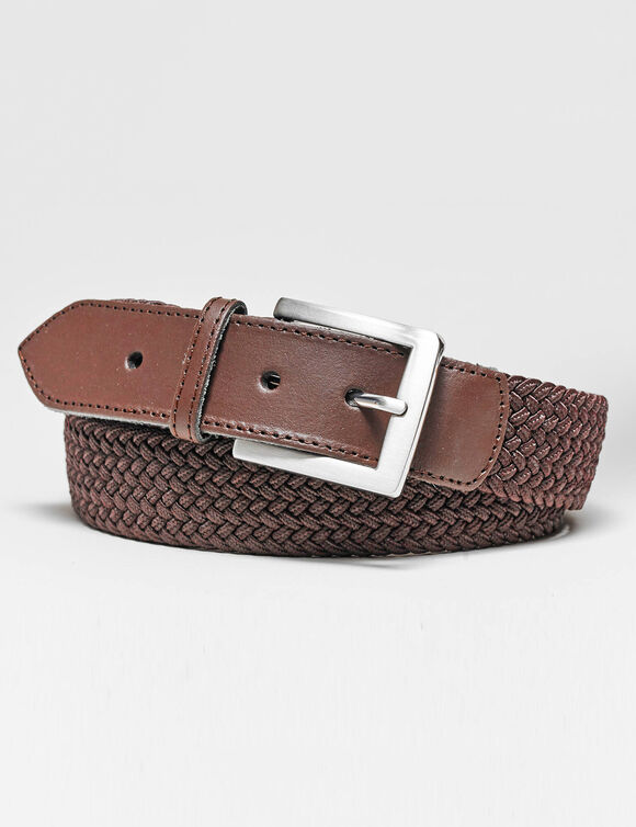 Rekbare gevlochten riem met leren details (chocolade)