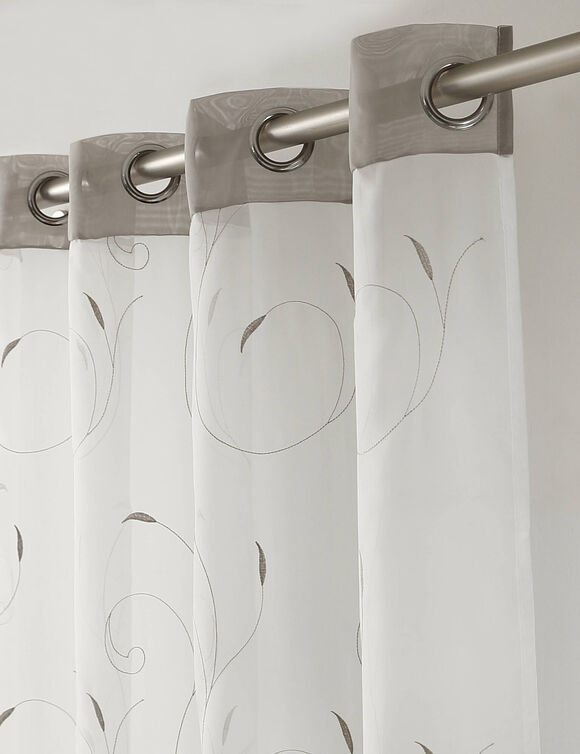 Rideau panneau voile petites feuilles brodées (gris / blanc)