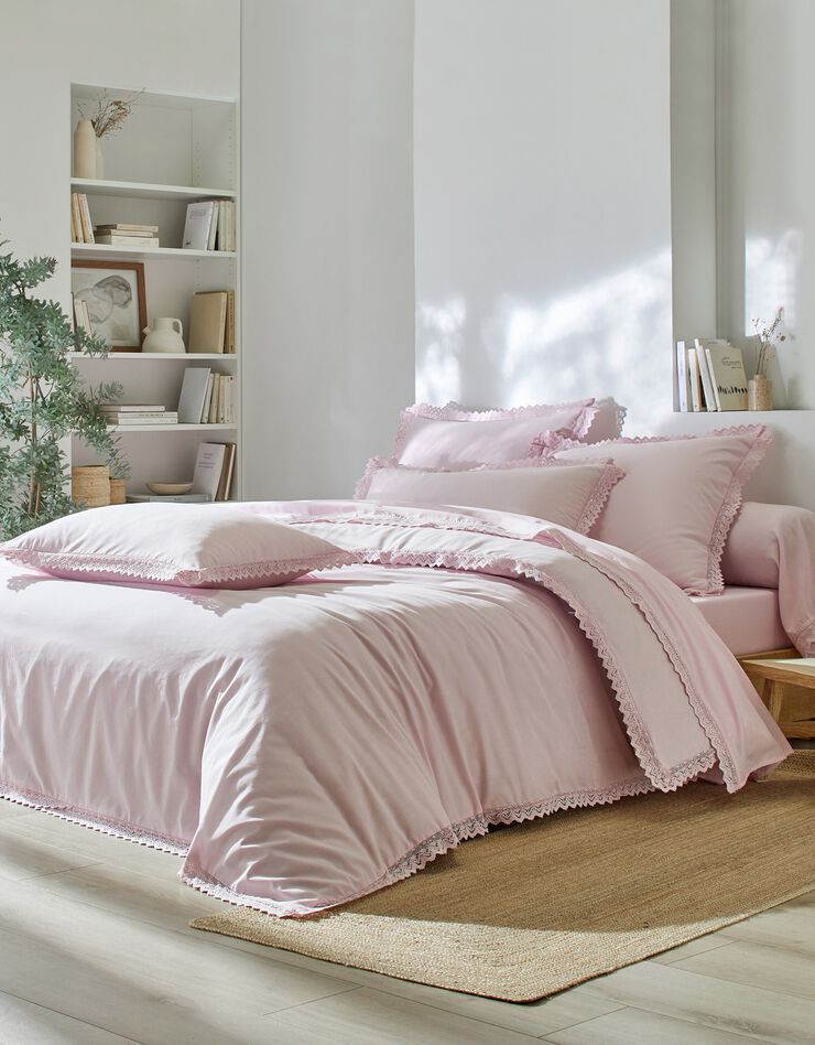 Linge de lit uni dentelle coton (lilas)