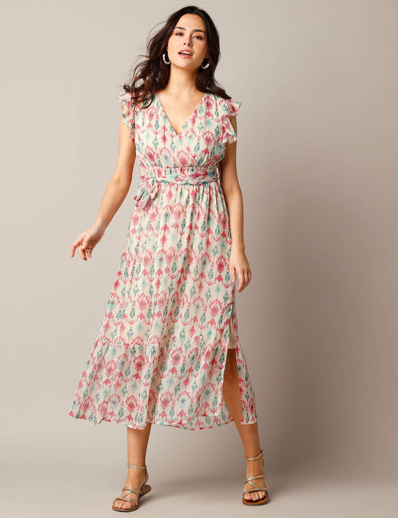 Robe effet cache-coeur, voile imprimé (rose / vert)