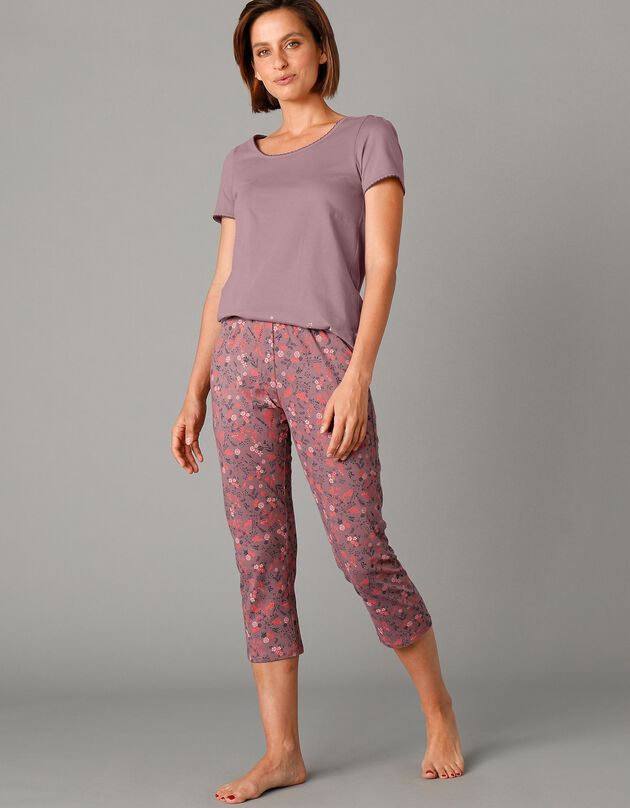 3/4-pyjamabroek met bloemenprint en elastische taille, taupe, hi-res