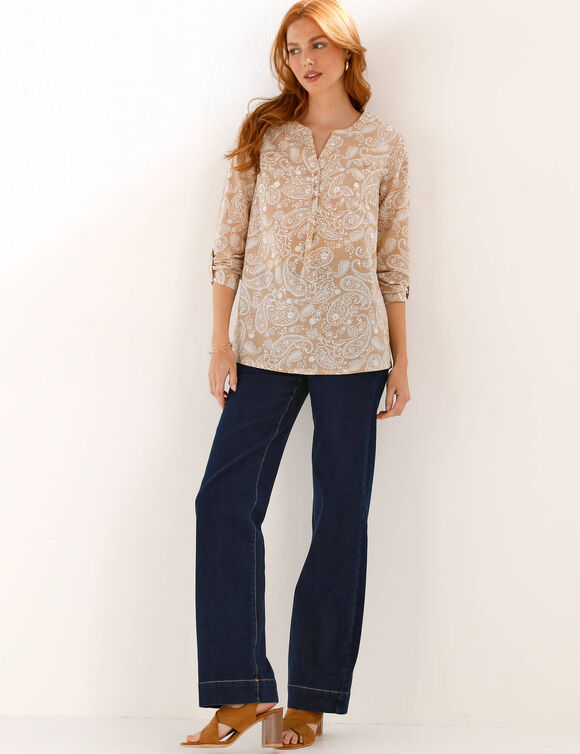 Tunique imprim&eacute; cachemire, manches retroussables (blanc / beige)