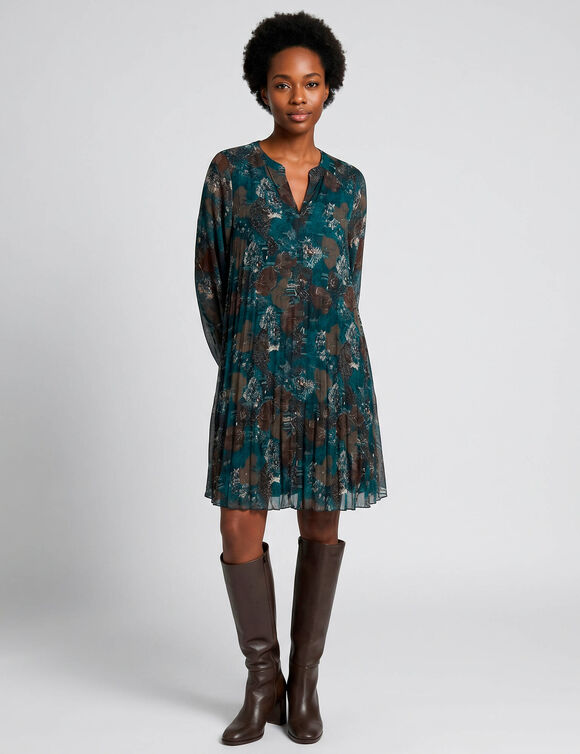 Robe courte pliss&eacute;e imprim&eacute;e (vert / chocolat)