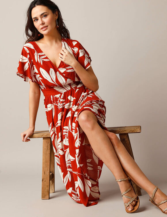 Robe effet cache-coeur, cr&eacute;pon imprim&eacute; XXL (terracotta / &eacute;cru)