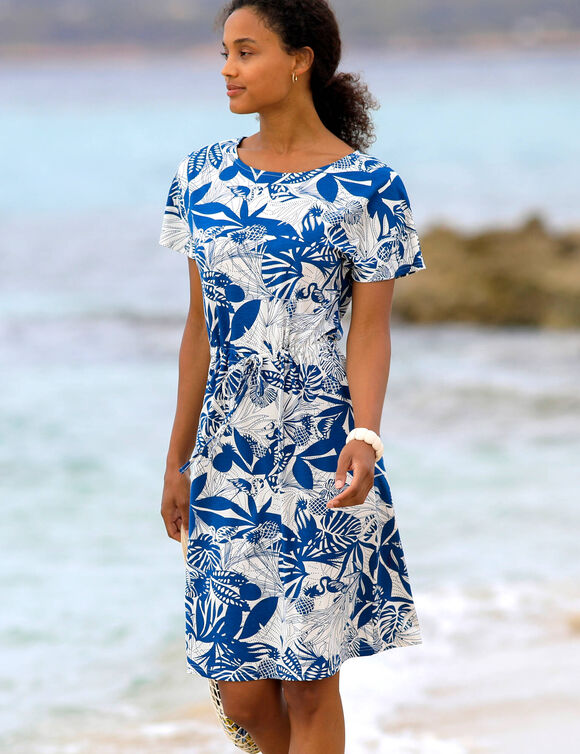 Robe courte imprimée manches courtes (écru / bleu)