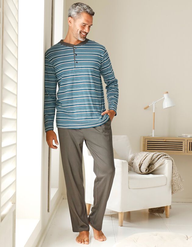 Gestreepte pyjama met Tunesische hals (antraciet / eendenblauw)