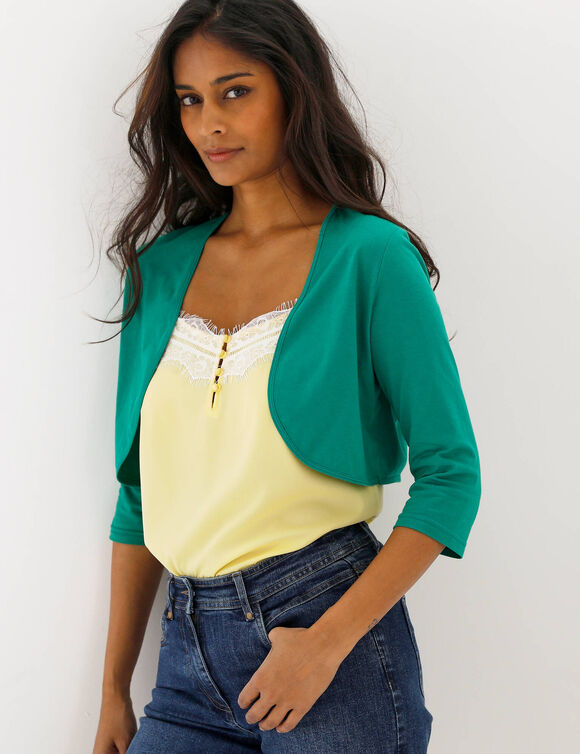 Bol&eacute;ro manches 3/4 uni, coton m&eacute;lang&eacute; (vert &eacute;meraude)