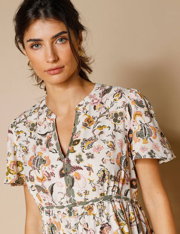 Tunique col tunisien brod&eacute;, imprim&eacute; fleuri (&eacute;cru / kaki)