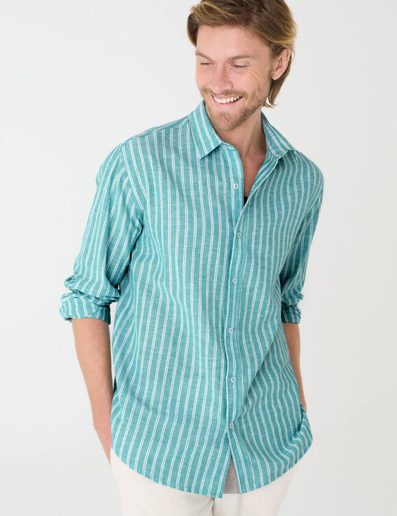 Chemise ray&eacute;e coton lin manches longues  (aqua / blanc)