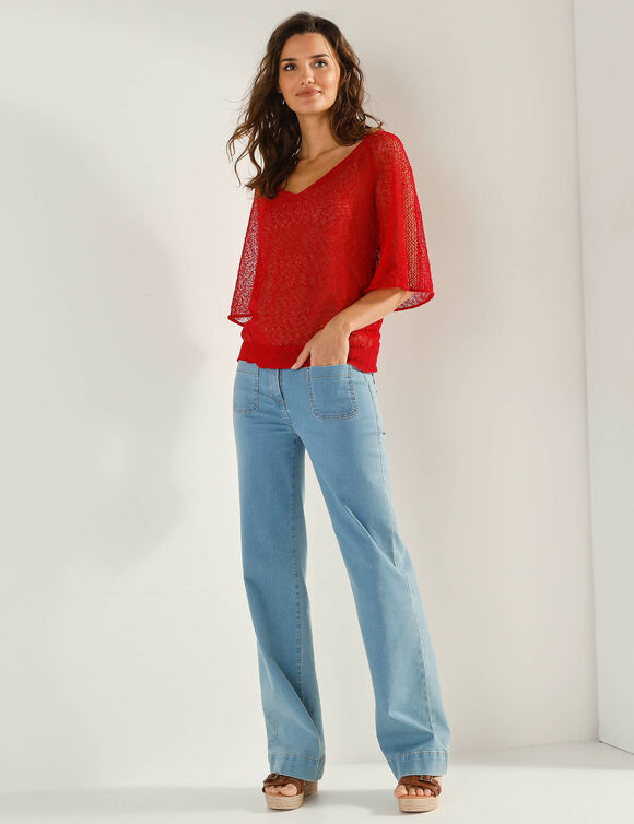 Pull loose manches coude, maille fantaisie (rood)