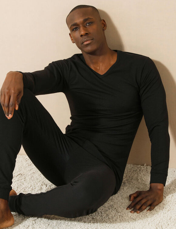 T-shirt sous-vêtement homme col V manches longues chaleur modérée - lot de 2 (noir)