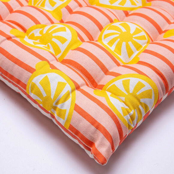 Omkeerbaar stoelkussentje met strepen- en citroenenprint - set van 2 (geel / koraal)
