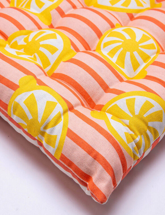 Galette de chaise imprim&eacute; ray&eacute; et citrons r&eacute;versible - lot de 2 (jaune / corail)