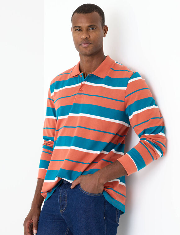 Polo ray&eacute;e maille piqu&eacute;e manches longues  (paprika / bleu)