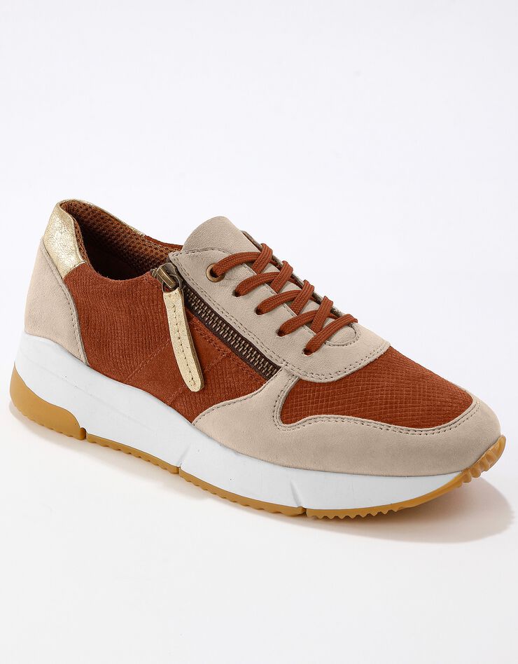 Baskets style running zippées en cuir bimatière femme - brique, brique Baskets style running zippées en cuir bimatière femme - brique, brique, hi-res image number 0