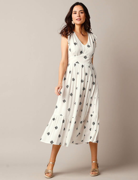 Robe longue imprim&eacute;e, cr&eacute;pon (&eacute;cru / noir)