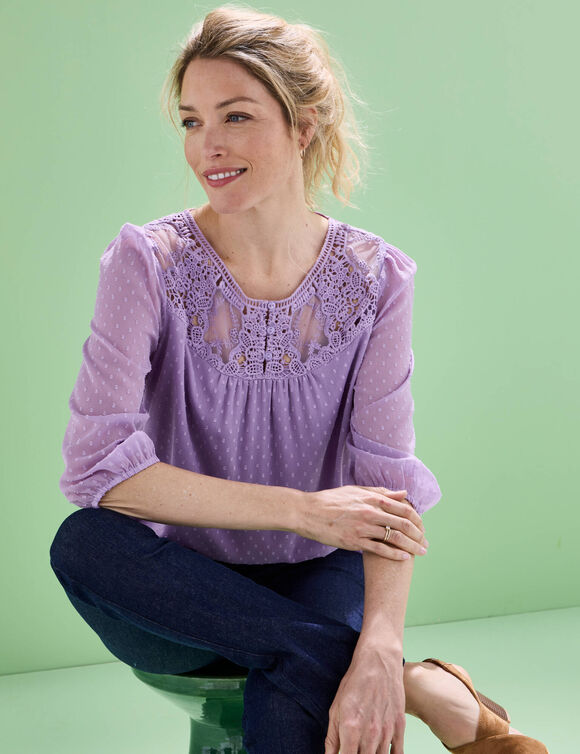 Blouse macramé unie, voile plumetis (parme)