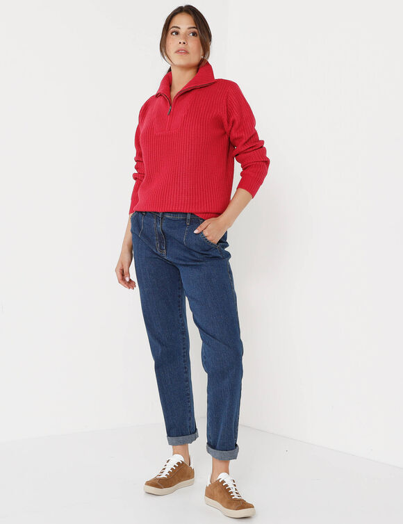 Pull col camionneur zippé maille anglasie (framboise)