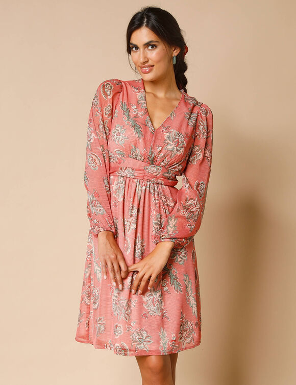 Robe courte ceinture fantaisie, voile imprimé (bois de rose / écru)
