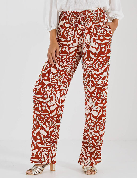 Pantalon large fluide, imprim&eacute; bicolore (terracotta / beige)