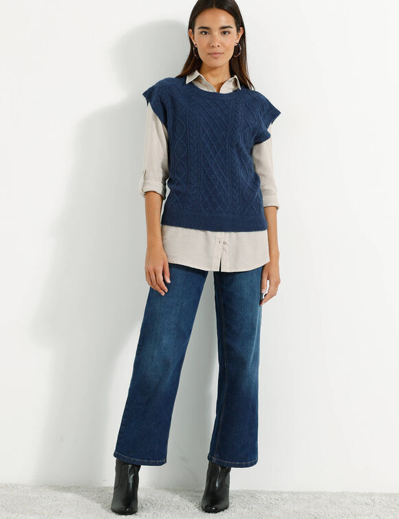 Pull torsadé sans manches, épaules tombantes (marine)