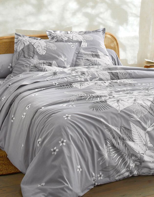 Linge de lit Elyse en coton imprimé fleurs et feuilles de palmes, gris, hi-res
