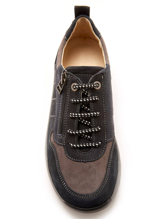 Wandelsneakers met rits en veters, breed model in leer (marine / grijs)