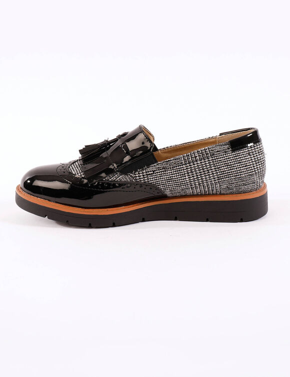 Slip-ons met sleehak, franjes en pompons - geruit/grijs (zwart / grijs)