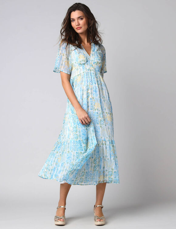 Robe longue imprim&eacute;e en voile "chiffon" (bleu / jaune)
